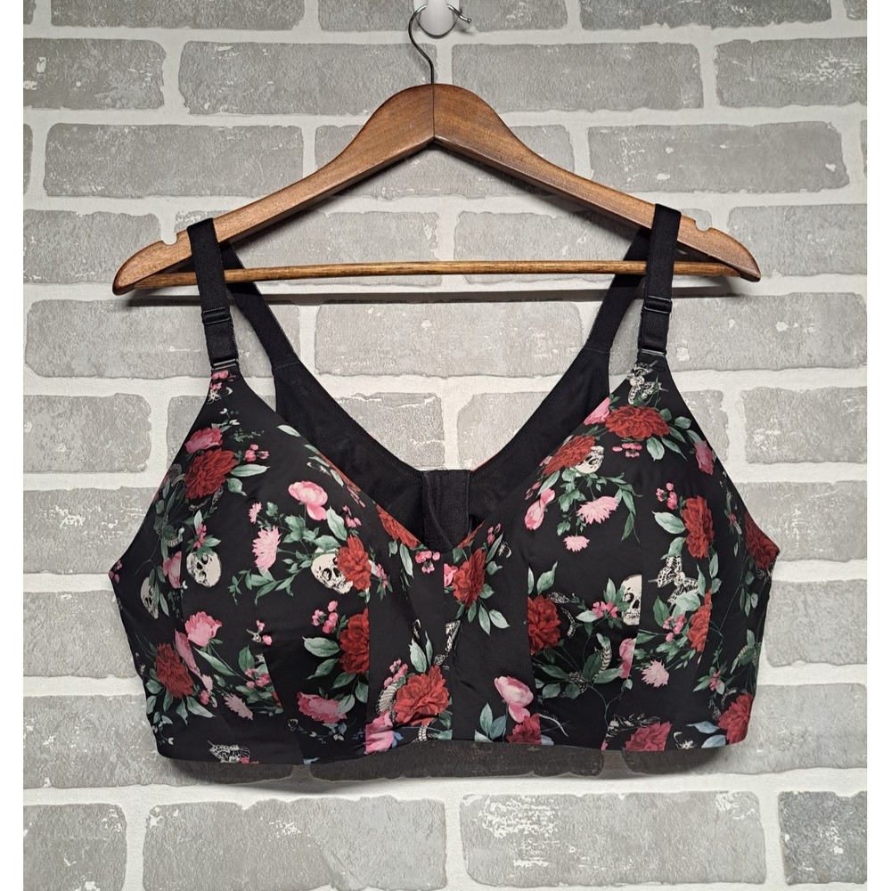 Torrid Size 44DD BLACK FLORAL SKULL 360°‎ BACK SMOOTHING™ LIGHTLY LINED BRA
